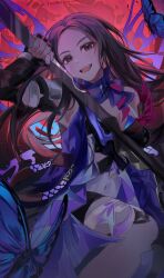  1girl ahoge animification arm_scarf armband asymmetrical_legwear bandana_around_arm bare_shoulders black_gloves black_hair black_shorts blue_butterfly blue_scarf brown_eyes bug butterfly commentary cosplay cowboy_shot detached_sleeves english_commentary fingerless_gloves floating_hair gloves highres holding holding_weapon honkai:_star_rail honkai_(series) kanako_(fuwachu) long_hair long_sleeves looking_at_viewer molly_zhang open_mouth purple_butterfly purple_scarf real_life red_armband scarf scarf_choker seele_(honkai:_star_rail) seele_(honkai:_star_rail)_(cosplay) short_shorts shorts signature smile solo standing standing_on_one_leg teeth uneven_legwear upper_teeth_only voice_actor voice_actor_connection weapon 