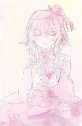  1girl animal bad_anatomy bad_hands blush_stickers clothing_cutout commentary cowboy_shot dress faux_traditional_media frilled_dress frills hair_between_eyes half-closed_eyes highres holding holding_animal light_smile limited_palette lolita_fashion long_sleeves looking_down monochrome nijisanji nijisanji_en open_mouth pink_theme puffy_long_sleeves puffy_sleeves rosebud_(rosemi_lovelock) rosemi_lovelock rosemi_lovelock_(1st_costume) shoulder_cutout simple_background solo symbol-only_commentary virtual_graduation_commemoration virtual_youtuber z4t_ar 