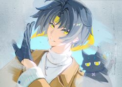  1216767974xue 1boy 1other absurdres asaba_harumasa black_cat black_gloves black_hair blue_background brown_coat cat coat ear_piercing earrings gloves half_gloves hashtag-only_commentary headband highres jewelry looking_at_viewer male_focus necklace parted_bangs parted_lips pendant piercing portrait short_hair sweater turtleneck turtleneck_sweater water_drop white_sweater yellow_eyes yellow_headband zenless_zone_zero 