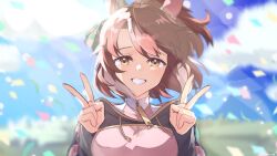  1girl animal_ears asahina_(asahina_0428) black_shrug blue_sky blush breasts brown_eyes brown_hair checkered_ribbon clouds confetti dantsu_flame_(center_spotlight)_(umamusume) dantsu_flame_(umamusume) double_v ear_covers ear_ornament ear_ribbon hair_between_eyes highres horse_ears horse_girl large_breasts looking_at_viewer multicolored_hair open_mouth outdoors pink_shirt shirt shrug_(clothing) sky smile solo umamusume upper_body v white_hair 