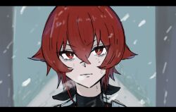  1girl black_hairband bruise bruise_on_face eris_greyrat hair_between_eyes hairband injury looking_at_viewer mushoku_tensei olymtensei outdoors red_hair short_hair snowing solo 