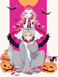  1boy 1girl animal_collar animal_costume apron bat_(animal) black_ribbon blonde_hair blue_eyes border braid candy collar dress earrings food full_moon hair_between_eyes hair_ribbon halloween_bucket head_on_hand highres jewelry link lollipop long_hair manodemarina moon parted_bangs parted_lips pink_background pink_dress pink_hood pointy_ears princess_zelda ribbon short_hair sidelocks the_legend_of_zelda the_legend_of_zelda:_twilight_princess twin_braids twitter_username werewolf_costume white_apron white_border wolf_costume wrapped_candy 