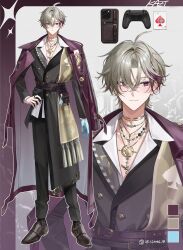  1boy absurdres ace_(playing_card) ace_of_spades ahoge arm_at_side asymmetrical_clothes asymmetrical_coat bead_necklace beads belt belt_buckle belt_pouch black_belt black_coat black_pants black_socks blonde_hair blue_gloves blush border brown_shoes buckle buttons card cellphone character_name closed_mouth club_(shape) coat coat_on_shoulders collarbone color_guide controller crescent crescent_necklace curtained_hair dice dice_necklace double-breasted dress_shoes ear_piercing expressionless full_body game_controller gloves gold_choker gold_necklace grey_background hair_between_eyes hand_on_own_hip hand_ornament highres jewelry katz_(stave) lapel_pin lapels leather_coat lightning_bolt_symbol long_sleeves looking_at_viewer male_focus monk_shoes multicolored_hair multiple_belts multiple_necklaces necklace notched_lapels number_print official_art outline outside_border pants parted_bangs pendant phone piercing playing_card plunging_neckline poker_chip pouch purple_belt purple_border purple_coat purple_streaks ring shawl shirt shoes short_hair sideways_glance simple_background single_glove sjamki smartphone smartphone_case socks solo spade_(shape) standing station_necklace stave_(vtuber) straight-on streaked_hair tachi-e twitter_username untucked_shirt violet_eyes virtual_youtuber white_outline white_shirt wing_collar yellow_shawl zoom_layer 