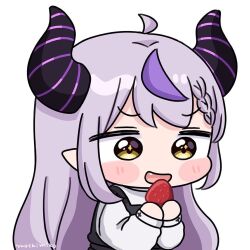  1girl :d ahoge black_dress blush_stickers braid braided_bangs brown_eyes chibi demon_horns dress fang food grey_hair hands_up holding holding_food hololive horns la+_darknesss long_hair long_sleeves looking_down mochimiko multicolored_hair pointy_ears puffy_long_sleeves puffy_sleeves purple_hair shirt signature simple_background sleeveless sleeveless_dress smile solo streaked_hair very_long_hair virtual_youtuber white_background white_shirt 