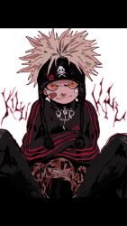  1boy badge bandaid bandaid_on_cheek bandaid_on_face beanie black_jacket black_pants button_badge closed_mouth collared_shirt crossed_arms cuffs earflap_beanie handcuffs hat highres jacket letterboxed looking_at_viewer male_focus metal_band_text nu_punxxxz orange_eyes original pants shirt short_hair simple_background skull_and_crossbones smile smug solo spiky_hair track_jacket v-shaped_eyebrows white_background 