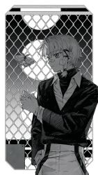  1boy bandaid bandaid_on_face bandaid_on_nose bug chain-link_fence chinese_commentary collared_shirt commentary dress_shirt elevator fence greyscale hand_in_pocket highres kagurabachi looking_to_the_side low-tied_sidelock male_focus monochrome moth outside_border qingyao_u3u sazanami_hakuri shirt short_hair single_sidelock solo suspenders suspenders_hanging turtleneck undershirt upper_body v-neck 