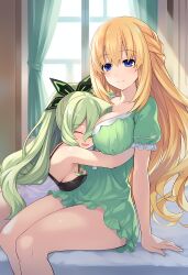  2girls absurdres bed blonde_hair blue_eyes breasts choujigen_game_neptune choujigen_game_neptune_mk2 green_hair hakozaki_chika highres hug large_breasts long_hair multiple_girls neptune_(series) non-web_source official_art ponytail sleepwear smile thighs tsunako vert_(neptunia) 