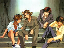  4boys absurdres brown_eyes brown_hair collarbone collared_shirt fujimiya_ran hidaka_ken highres jacket kudou_youji long_sleeves looking_at_viewer magazine_scan male_focus multiple_boys non-web_source official_art open_clothes pants red_hair scan shirt shoes sitting sitting_on_stairs smile spread_legs stairs stone_stairs tsukiyono_omi weiss_kreuz white_shirt 