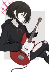  1girl absurdres bandaged_hand bandaged_neck bandages barbell_piercing bass_guitar black_hoodie black_mask black_pants blue_archive brown_hair commentary_request crossed_legs ear_piercing fender_jazz_bass from_side hakoyu_u halo highres holding holding_bass_guitar holding_instrument hood hoodie industrial_piercing instrument mask mask_pull misaki_(blue_archive) mouth_mask music pants piercing playing_bass_guitar playing_instrument red_halo short_hair solo surgical_mask torn_clothes torn_pants 