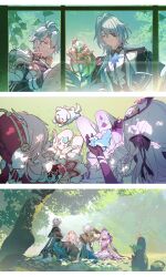  2boys 2girls absurdres anaxa_(honkai:_star_rail) animal_on_lap annshiro76 antenna_hair aqua_hair arm_behind_head armor asymmetrical_gloves black_jacket black_tiara blue_eyes bottle castorice_(honkai:_star_rail) chimera_(honkai:_star_rail) closed_eyes closed_mouth commentary_request dappled_sunlight dress eyepatch frown gloves grass hair_between_eyes hair_over_shoulder hair_ribbon hand_to_own_mouth hat highres holding holding_bottle holding_paper holding_pen honkai:_star_rail honkai_(series) hyacine_(honkai:_star_rail) jacket laughing little_ica_(honkai:_star_rail) long_hair low_twintails multiple_boys multiple_girls on_grass on_lap one_eye_covered open_mouth outdoors paper pauldrons pen phainon_(honkai:_star_rail) pink_hair plant ponytail potion pouring purple_gloves purple_hair red_dress red_hat ribbon short_hair shoulder_armor single_pauldron sitting sunlight tiara tree twintails uneven_gloves very_long_hair white_hair writing yokozuwari 