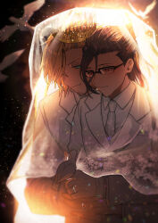  2boys aladdin_(sinoalice) beard bird blue_eyes collared_shirt commission crown dove facial_hair gloves hair_bun hair_ornament hairclip hameln_(sinoalice) happy_tears highres implied_yaoi jewelry male_focus medium_hair multiple_boys necktie non-web_source none_(kameko227) reality_arc_(sinoalice) red_eyes ring shirt short_hair sinoalice skeb_commission smile sparkle suit tears veil wedding_ring white_gloves white_necktie white_suit 