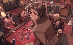  1other 3boys 3girls :d absurdres arm_behind_back beer_glass black_hair brown_eyes brown_hair card chair commentary_request couch cup curtained_hair dress drinking_glass finger_to_mouth fur_collar gambling glass_table glasses highres holding holding_card holding_tray indoors looking_at_viewer ma_someru multiple_boys multiple_girls original out_of_frame people playing_card poker_chip pov red_carpet red_dress russian_commentary short_hair shushing sitting smile suit table tray wine_glass wooden_floor 