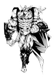  1boy absurdres akuma_shogun ankle_wrap armor belt clenched_hand full_armor full_body greyscale highres kinnikuman knee_guards long_hair looking_at_viewer male_focus monochrome muscular muscular_male pobotto simple_background solo spiked_helmet thigh_gap walking_towards_viewer white_background wrestling_trunks 