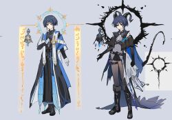  2boys alternate_costume anemo_symbol_(genshin_impact) angel_and_devil aqua_gemstone arm_at_side ascot bell black_boots black_capelet black_collar black_halo black_hands black_horns black_robe black_shorts black_sleeves black_tail blue_cape blue_eyes blue_fire blue_gemstone blue_halo blue_shawl blunt_ends boots brown_pantyhose cape capelet cassock clenched_hand collar colored_extremities cross cross_necklace cross_print curved_horns dark_persona demon_horns demon_tail earrings empty_eyes eyeliner eyeshadow fire floating floating_object floating_weapon full_body gem genshin_impact gloves gold gold_earrings gold_trim grey_background grey_vest halo halo_behind_head hand_on_own_chest highres horns inverted_cross inverted_cross_print jewelry knee_boots long_sleeves makeup mandarin_collar multiple_boys necklace pantyhose parted_lips polar_opposites priest red_eyeliner red_eyeshadow robe scaramouche_(genshin_impact) shawl shorts standing stole suyi42478390 tail thigh_strap tsurime tulaytullah&#039;s_remembrance_(genshin_impact) vest vision_(genshin_impact) wanderer_(genshin_impact) white_ascot white_gloves white_mouth 