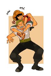  +++ 2boys ^_^ anger_vein black_boots black_pants blue_shorts boots border closed_eyes commentary_request earrings haramaki hat highres jewelry male_focus monkey_d._luffy mugiwarakuroko multiple_boys one_piece pants red_shirt roronoa_zoro sandals shirt shorts sleeveless sleeveless_shirt smile straw_hat v-shaped_eyebrows white_border white_shirt 