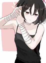  1girl absurdres bandaged_arm bandaged_neck bandages black_camisole black_hair blue_archive camisole commentary_request ear_piercing expressionless hakoyu_u halo hand_on_own_ear highres light_blush misaki_(blue_archive) notice_lines piercing red_eyes red_halo short_hair solo teddy_bear_ornament 