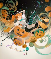  1girl absurdres ahoge aqua_bow aqua_bowtie aqua_hair bat_(animal) black_shorts bow bowtie candy candy_cane chinese_commentary commentary_request copyright_name food full_body gloves gradient_hair hair_between_eyes halloween_costume hat hatsune_miku hatsune_miku_(pumpkin_dream) high_heels highres jack-o&#039;-lantern lollipop long_hair looking_at_viewer mini_hat mini_top_hat mrs.pumpkin_no_kokkei_na_yume_(vocaloid) multicolored_hair open_mouth orange_eyes orange_hair project_diva_(series) puffy_short_sleeves puffy_sleeves pumpkin rumoon shirt shirt_tucked_in short_sleeves shorts solo striped_clothes striped_thighhighs suspender_shorts suspenders teeth thigh-highs top_hat twintails two-tone_thighhighs upper_teeth_only very_long_hair vocaloid white_gloves white_shirt 