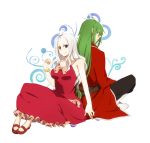  back_to_back blue_eyes bow dress fairy_tail forehead fried_justine grey_hairs green_hair indian_style leghorn long_hair looking_back mary_janes mirajane purple_eyes shoes sitting topknot white_hair 