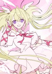  1girl blonde_hair clenched_teeth commentary cowboy_shot dress feathers hashtag-only_commentary highres hoshina_utau magical_girl pink_dress puffy_short_sleeves puffy_sleeves seraphic_charm short_sleeves shugo_chara! sidelocks smile solo symbol-only_commentary teeth twintails violet_eyes wings yuzikoz_mega 