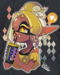  blonde_hair colored_eyelashes colored_fingertips cup dark-skinned_female dark_skin drinking_straw earrings fangs fish_hook_earrings frye_(splatoon) frye_(splatoon_raiders) holding holding_cup inkling isamu-ki_(yuuki) jewelry long_eyelashes long_pointy_ears official_alternate_costume pointy_ears shawl splatoon_(series) splatoon_raiders tentacle_hair yellow_eyes yellow_shawl 