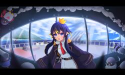  1girl absurdres bandaid bandaid_on_cheek bandaid_on_face bandaid_on_nose belt belt_buckle bird black_belt black_border black_coat black_hair blonde_hair blue_eyes border breast_pocket broken_window buckle coat collared_shirt crown day diamond-shaped_pupils diamond_(shape) donsasa epaulettes fisheye gold_trim hair_flaps highres indie_virtual_youtuber indoors letterboxed long_hair looking_at_viewer mini_crown missile multicolored_hair necktie ocean on_ship penguin pocket red_necktie shirt shorts streaked_hair symbol-shaped_pupils toko_(vtuber) twintails virtual_youtuber white_shirt white_shorts window wing_collar 