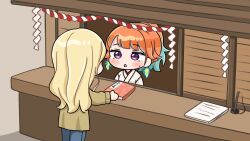  2girls :o blonde_hair blue_hair blue_pants blush_stickers brown_jacket chibi denim highres hololive hololive_english jacket japanese_clothes jeans kimono long_hair miko mochimiko multicolored_hair multiple_girls orange_hair pants parted_lips ponytail shide small_sweatdrop sweat takanashi_kiara two-tone_hair virtual_youtuber white_kimono 