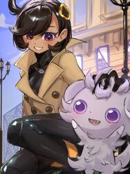  1girl black_bodysuit black_hair blush bodysuit bodysuit_under_clothes breasts brown_jacket dark-skinned_female dark_skin day emma_(pokemon) espurr fangs gloves grey_fur hair_ornament headpat highres jacket lamppost latex latex_bodysuit lumiose_city mega_stone namekuj1hey open_mouth outdoors pokemon pokemon_(creature) pokemon_legends:_z-a short_hair smile violet_eyes 