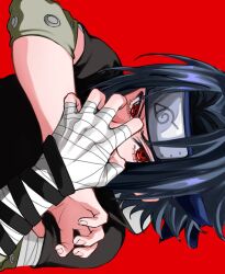  1boy bandaged_arm bandaged_hand bandages black_hair commentary_request curtained_hair fingernails forehead_protector highres konohagakure_symbol llmwm looking_at_viewer male_focus naruto_(classic) naruto_(series) red_background red_eyes sharingan short_hair sideways simple_background solo uchiha_sasuke 