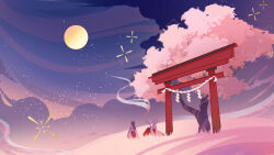  2girls absurdres animal_ears architecture astruma2 brown_hair cherry_blossoms closed_mouth clouds cloudy_sky east_asian_architecture english_commentary faceless faceless_female fox_ears fox_girl fox_tail friends from_behind from_side full_moon genshin_impact grass highres japanese_clothes kimono kitsune_saiguu light_smile moon multiple_girls night night_sky no_eyes on_grass outdoors short_hair sitting sky smoke smoke_trail smoking_pipe star_(sky) starry_sky tail tree white_hair 