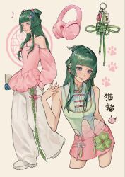  1girl alternate_costume beads character_name chinese_clothes chinese_knot commentary dress earrings eighth_note english_commentary eyelashes green_hair green_hanfu hair_beads hair_ornament hand_in_pocket hanfu headphones highres jewelry kusuriya_no_hitorigoto maomao_(kusuriya_no_hitorigoto) miniskirt multi-tied_hair multiple_views musical_note pants pink_dress pink_hanfu pink_skirt skirt spoken_musical_note sumi_(suumiko_) white_pants 