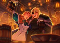  1boy 1girl alcohol annette_fantine_dominic annette_fantine_dominic_(timeskip) armor beer beer_mug black_armor blonde_hair cape closed_eyes commentary commission cup dimitri_alexandre_blaiddyd dimitri_alexandre_blaiddyd_(timeskip) english_commentary eyepatch fire_emblem fire_emblem:_three_houses fur_trim highres holding holding_cup indoors long_hair mug one_eye_covered open_mouth orange_hair sethkiel smile teeth upper_teeth_only 