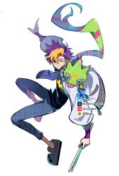  1boy animal_on_shoulder black_shirt blonde_hair blue_hair blue_pants digimon digimon_(creature) digimon_beatbreak drumsticks full_body gecko gekkomon glasses highres holding holding_drumsticks jacket male_focus multicolored_hair one_eye_closed pants red_eyes round_eyewear shirt short_hair smile tenma_tomoro tongue tongue_out two-tone_hair white_jacket youzaiyouzai112 