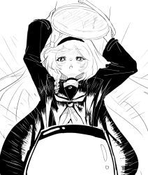  +_+ 1girl :o arms_up blue_archive blush_stickers bow braid bucket choker coat commentary_request cowboy_shot emphasis_lines excited floating_hair food from_below greyscale hair_bow hairband highres holding holding_bucket long_hair long_sleeves looking_at_food looking_down monochrome neckerchief open_clothes open_coat open_mouth outline plana_(blue_archive) pudding school_uniform serafuku simple_background single_braid sketch solo sueoki_makura underlighting very_long_hair white_background white_outline wide_sleeves 