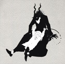  1boy 1girl body_fur child coat dress full_body furry furry_male grey_background greyscale horns lap_pillow looking_at_another lying monochrome nagabe on_back sensei_(totsukuni_no_shoujo) shiva_(totsukuni_no_shoujo) simple_background sitting tail totsukuni_no_shoujo 