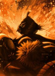  0homi 1boy 1girl absurdres after_battle angry_birds bakugou_katsuki bird blonde_hair boku_no_hero_academia bomb_(angry_birds) bomb_devil_(chainsaw_man) chainsaw_man english_commentary fire highres short_hair smoke spiky_hair twitter_username 