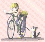  1girl bent_over bicycle blonde_hair blue_eyes choker emolga emonga frown gym_leader headphones high_heels himesuzu kamitsure_(pokemon) open_mouth pantyhose pokemon pokemon_(game) pokemon_black_and_white pokemon_bw shoes short_hair sigh 