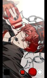  1boy animal_ear_headwear beanie black_choker black_hat black_jacket black_nails ch44447 choker commentary_request corrupted_twitter_file fake_phone_screenshot fake_screenshot fangs fingerless_gloves glasses gloves gradient_background grey_background grin hair_between_eyes handheld_game_console hat highres indie_utaite jacket jewelry looking_at_viewer male_focus multicolored_shirt pendant play_(vocaloid) playstation_portable red_eyes red_gloves red_hair red_shirt selfie shirt short_hair simple_background smile solo upper_body white_background white_shirt xandu_(utaite) 