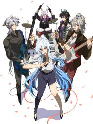 2girls 3boys alternate_costume animal_ear_fluff animal_ears baiheng_(honkai:_star_rail) belt black_hair blade_(honkai:_star_rail) blue_hair choker closed_eyes dan_feng_(honkai:_star_rail) dan_heng_(honkai:_star_rail) dan_heng_(imbibitor_lunae)_(honkai:_star_rail) dragon_boy dragon_horns drum drumsticks electric_guitar fox_ears fox_girl fur_trim gloves guitar hair_bun hashtag-only_commentary high-cloud_quintet_(honkai:_star_rail) high_ponytail highres honkai:_star_rail honkai_(series) horns instrument jacket jing_yuan jingliu_(honkai:_star_rail) long_hair lux_stellae microphone multiple_boys multiple_girls pants petals piano ponytail purple_hair red_eyes rock shirt smile very_long_hair white_background white_hair yingxing_(honkai:_star_rail) 