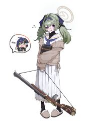  2girls absurdres belle_(zenless_zone_zero) blue_archive brown_cardigan brown_halo brown_shoes camera cardigan chinese_commentary commentary_request corin_wickes cosplay de_lisle_carbine drooling english_text flying_sweatdrops full_body green_eyes green_hair hairband halo highres holding holding_camera long_hair long_sleeves looking_at_viewer multiple_girls neckerchief purple_hairband purple_neckerchief school_uniform serafuku sharlll shirt_under_shirt shoes simple_background slippers spoken_character thumbs_up twintails ui_(blue_archive) ui_(blue_archive)_(cosplay) violet_eyes white_background white_serafuku zenless_zone_zero 