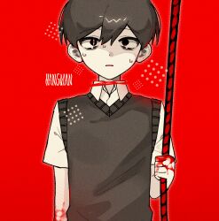  1boy black_eyes black_hair black_sweater_vest blood blood_on_hands collared_shirt double-parted_bangs hair_between_eyes highres male_focus nervous_sweating nn_0m0 omori parted_lips red_background shirt short_sleeves simple_background solo something_(omori) sunny_(omori) sweat sweater_vest white_shirt 