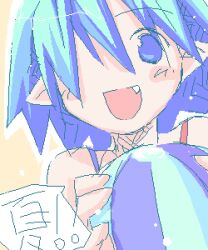  ! !! 1girl :d archived_source asami_natsuhito ball beachball blue_eyes blue_hair blush fang hair_between_eyes hair_over_one_eye happy holding holding_ball jaggy_lines looking_at_viewer lowres no_sclera one-eyed one_eye_covered open_mouth original outline pointy_ears smile solo speech_bubble translation_request upper_body white_outline woven_hatching yellow_background 