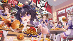  >_< 6+girls a_shui absurdres ahoge animal_ears apron aqua_eyes arm_up belly bottle bow braid braided_hair_rings bright_pupils brown_hair burger chair cheval_grand_(umamusume) chicken_(food) closed_eyes closed_mouth cola cup day disposable_cup drink drinking drinking_straw ear_bow ear_covers ear_ornament employee_uniform falling fast_food fast_food_uniform fisheye food foreshortening french_fries gentildonna_(umamusume) grey_hair greyscale hair_between_eyes hair_intakes hair_rings hairband hand_on_own_cheek hand_on_own_face hand_to_own_mouth hands_up hat highres holding holding_cup holding_food holding_own_wrist holding_tray horse_ears horse_girl horse_tail indoors ketchup ketchup_packet kfc kitasan_black_(umamusume) legs_apart long_hair looking_at_another medium_hair mejiro_mcqueen_(umamusume) mole mole_under_eye monochrome multicolored_hair multiple_girls no_shoes oguri_cap_(umamusume) one_eye_closed open_mouth outstretched_arm peaked_cap purple_hair purple_pupils red_eyes red_pupils rice_shower_(umamusume) school_uniform see-through_clothes see-through_thighhighs shirt short_sleeves single_ear_cover sitting skirt soda soda_bottle special_week_(umamusume) standing table tail tamamo_cross_(umamusume) thigh-highs toes tokai_teio_(umamusume) tracen_school_uniform tray tripping twintails two-tone_hair umamusume verxina_(umamusume) very_long_hair violet_eyes vivlos_(umamusume) white_hair white_pupils white_thighhighs zettai_ryouiki 