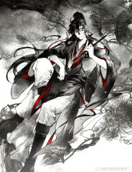  1boy absurdres ahoge bishounen black_boots black_eyes black_hair black_hanfu black_sash boots branch chenqing_flute chinese_clothes closed_mouth dizi elbow_on_knee faux_traditional_media floating_hair flute full_body greyscale hair_between_eyes hair_ribbon hand_on_own_hip hanfu high_ponytail highres holding holding_flute holding_instrument in_tree ink_wash_painting instrument knee_up light_particles long_hair long_sleeves looking_at_viewer male_focus modao_zushi monochrome mouth_hold music pants playing_instrument ponytail red_ribbon ribbon robe sash sitting sitting_in_tree smile solo spot_color stalk_in_mouth suibianhuahuabieguanwole tassel transverse_flute tree very_long_hair watermark wei_wuxian weibo_watermark white_pants wide_sleeves 