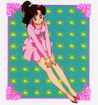  ahoge bangs bishoujo_senshi_sailor_moon brown_hair dress earrings green_eyes hair_bobbles happy jewelry kino_makoto legs long_legs long_sleeves looking_up necklace official_art pink_dress ponytail sailor_jupiter smile turtleneck 