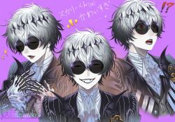 1boy aogiyuki black_crown crown diamond_hairband gloves highres jacket long_sleeves looking_at_viewer male_focus missing_tooth multiple_persona pinstripe_jacket pinstripe_pattern pinstripe_suit pinstripe_vest round_eyewear short_hair skeleton_print skully_j._graves smile striped_clothes striped_jacket striped_vest suit sunglasses the_nightmare_before_christmas twisted_wonderland vertical-striped_clothes vertical-striped_jacket vertical-striped_vest vest white_hair 