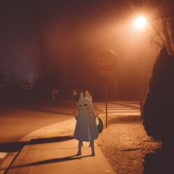  1girl :3 absurdres animal_ear_fluff animal_ears barefoot blue_eyes blush_stickers cat_ears chain-link_fence commentary covering_with_blanket crosswalk english_commentary fence fins fish_girl fish_tail full_body ghost_costume hands_up highres indie_virtual_youtuber intersection kawaiipony2 lamppost night outdoors photo_background real_world_location road road_sign sameko_saba sameko_saba_(halloween) shadow sidewalk sign solo stop_sign tail virtual_youtuber 