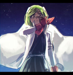  1girl bandana bandana_around_neck bleach bleach:_sennen_kessen-hen brown_eyes coat commentary_request facepaint green_hair kuna_mashiro letterboxed nigatsumikka orange_bandana road shihakusho short_hair solo upper_body white_coat 