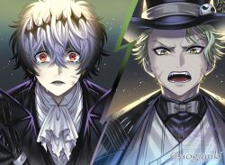  2boys aogiyuki black_crown crown diamond_hairband gloves highres long_sleeves looking_at_viewer male_focus multiple_boys pinstripe_pattern pinstripe_suit pinstripe_vest round_eyewear sebek_zigvolt short_hair skeleton_print skully_j._graves striped_clothes suit the_nightmare_before_christmas twisted_wonderland vest 