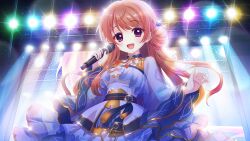  1girl :d black_sash blue_shrug blush breasts cowboy_shot diffraction_spikes dot_nose dress film_grain from_below game_cg hair_ornament hand_up holding holding_microphone idol idol_clothes izumi_tsubasu long_hair looking_at_viewer medium_breasts microphone mizushino_tamaki non-web_source official_art open_mouth orange_hair outstretched_hand re:stage! sash screen see-through_clothes see-through_sleeves shrug_(clothing) smile solo stage_lights violet_eyes white_dress wide_sleeves 