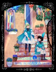  2girls agott_(tongari_boushi_no_atelier) black_hair coco_(tongari_boushi_no_atelier) flower green_hair hat hat_tassel leggings multiple_girls pamelan qifrey&#039;s_atelier_apprentice_uniform short_hair sitting sitting_on_stairs smile stairs teeth tongari_boushi_no_atelier 
